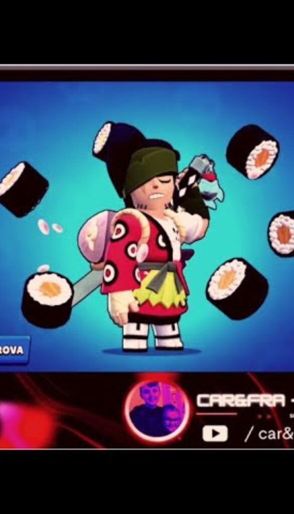 Brawler Kenji leggendario di Brawl Stars in skin chef sushi, con sushi galleggiante e il logo Car&Fra.