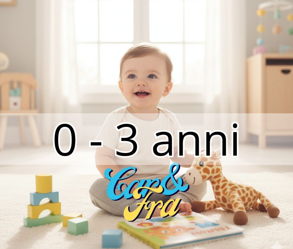 Bambino 1-2 anni che gioca con blocchi di legno e peluche. Contenuti di didattica creativa per la prima infanzia Car&Fra.