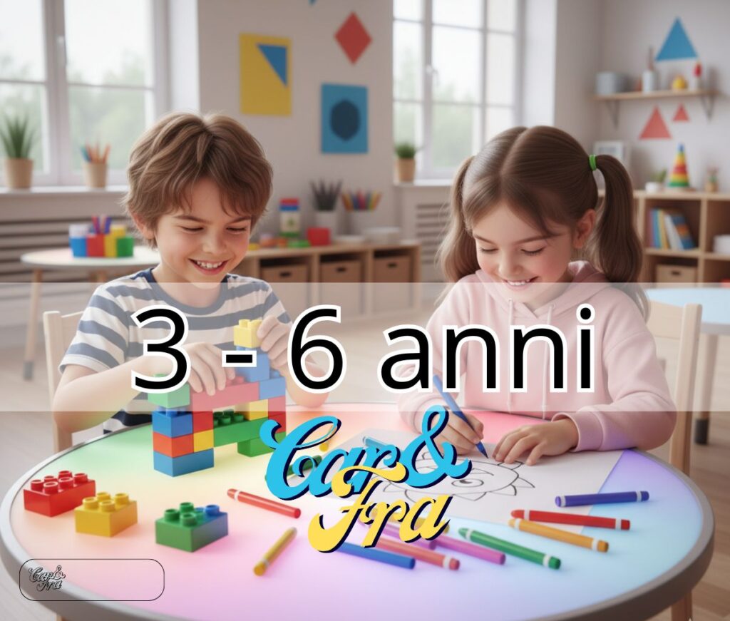 Bambini 3-6 anni giocano con mattoncini LEGO e colorano, attività di didattica creativa per l'età prescolare.