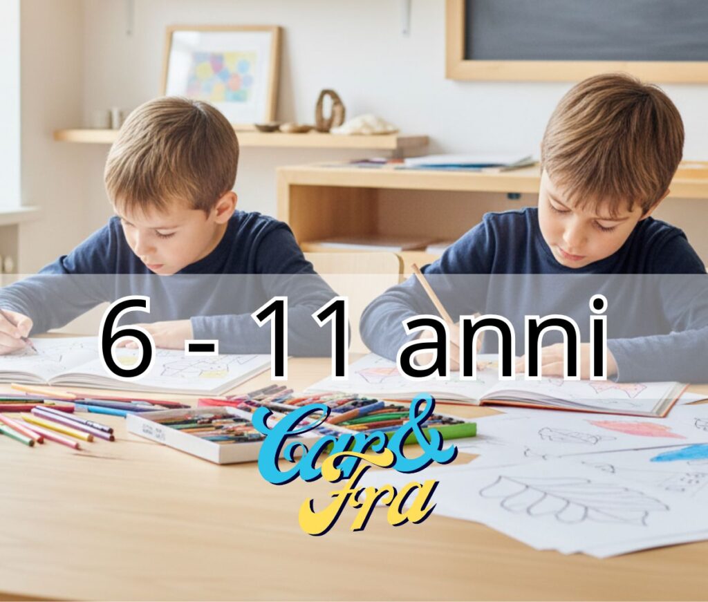 Bambini 6-11 anni giocano con mattoncini e disegnano, attività di didattica creativa e problem solving per l'età scolare.